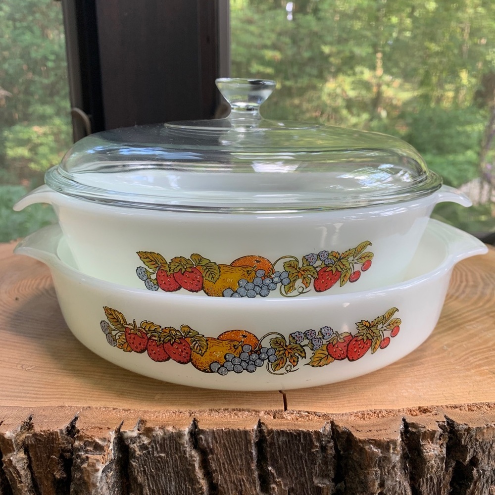 Anchor Hocking Fire King 437 1.5 Qt & 429 Casseroles w Lid Natures Bounty Fruit